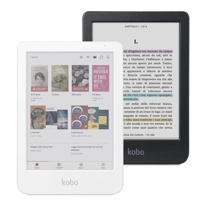 Kobo Clara Colour bianco e nero vista frontale.