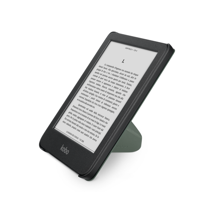 Kobo Clara Colour nero in una SleepCover verde nebbia per Kobo Clara Colour/BW piegata a origami, vista laterale.