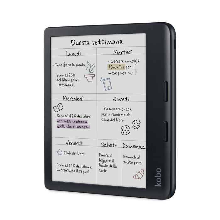 Kobo Libra Colour nero, vista frontale angolata.