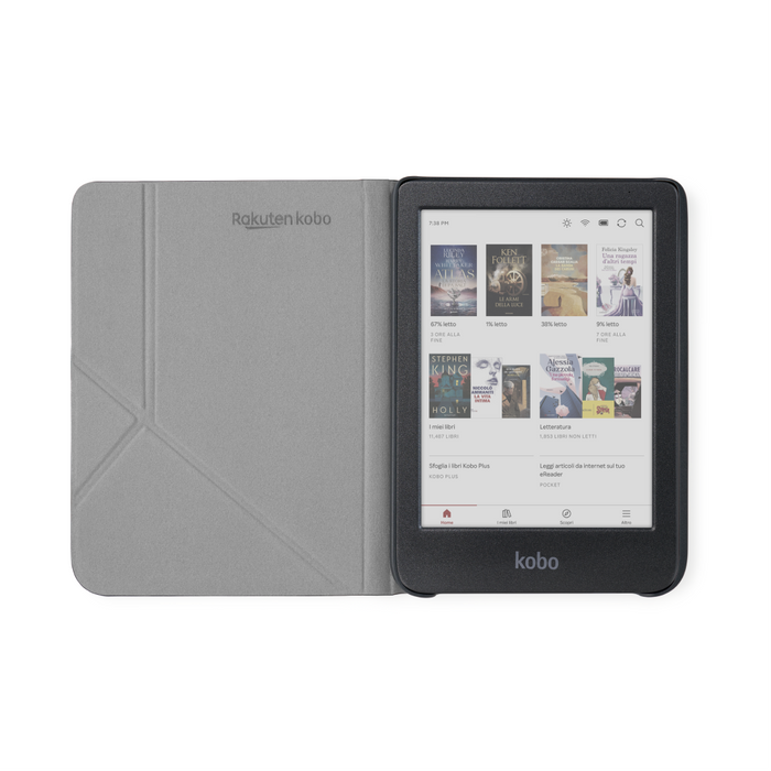 Kobo Clara Colour nero in una SleepCover verde nebbia aperta per Kobo Clara Colour/BW piegata a origami, vista frontale.