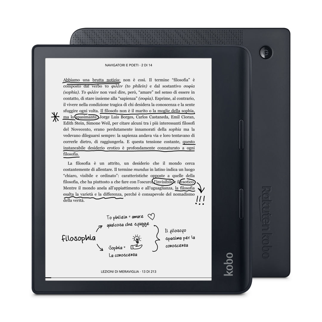 Kobo Sage nero, vista frontale e vista posteriore.