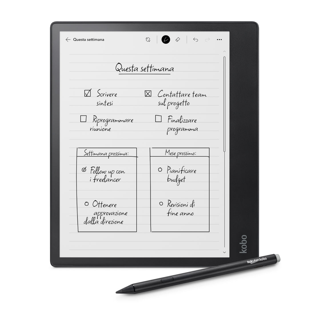 Kobo Elipsa 2E nero, vista frontale con Kobo Stylus 2 nero.
