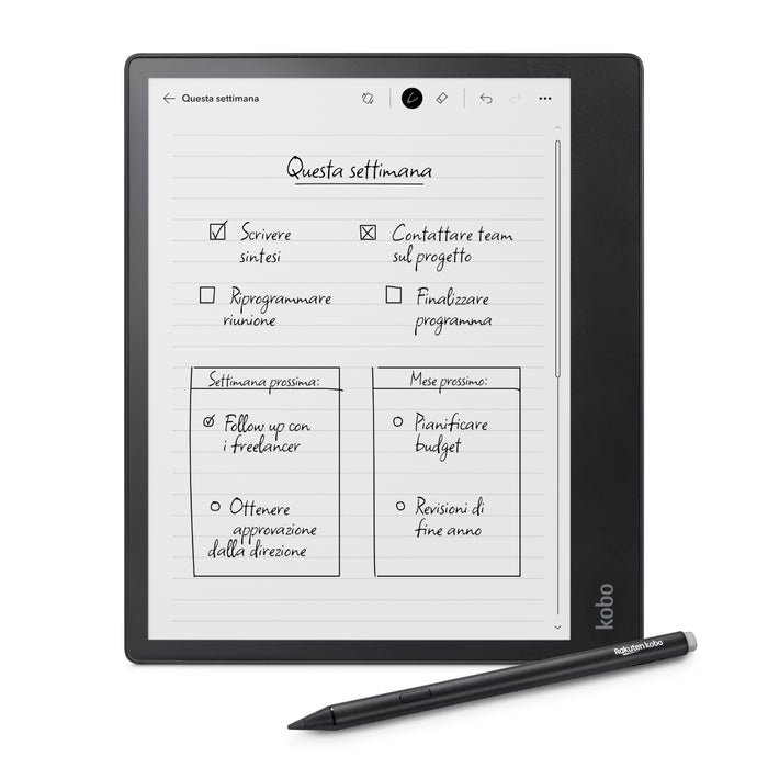 Kobo Elipsa 2E nero, vista frontale con Kobo Stylus 2 nero.