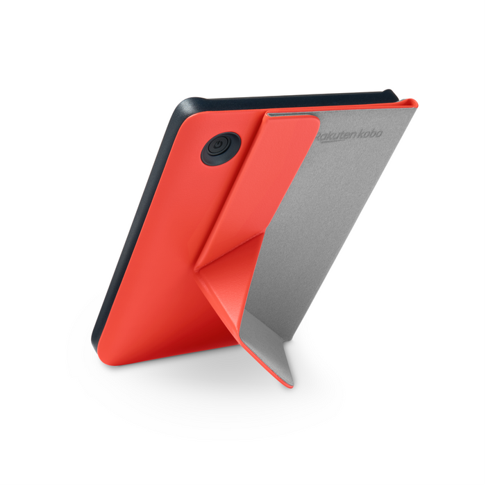 Kobo Clara Colour nero in una SleepCover rosso cayenna per Kobo Clara Colour/BW piegata a origami, vista posteriore.