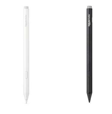 Un'immagine della versione nera e della nuova versione bianca di Kobo Stylus 2, che mostra la gomma integrata, il pulsante evidenziatore e la punta di scrittura levigata.