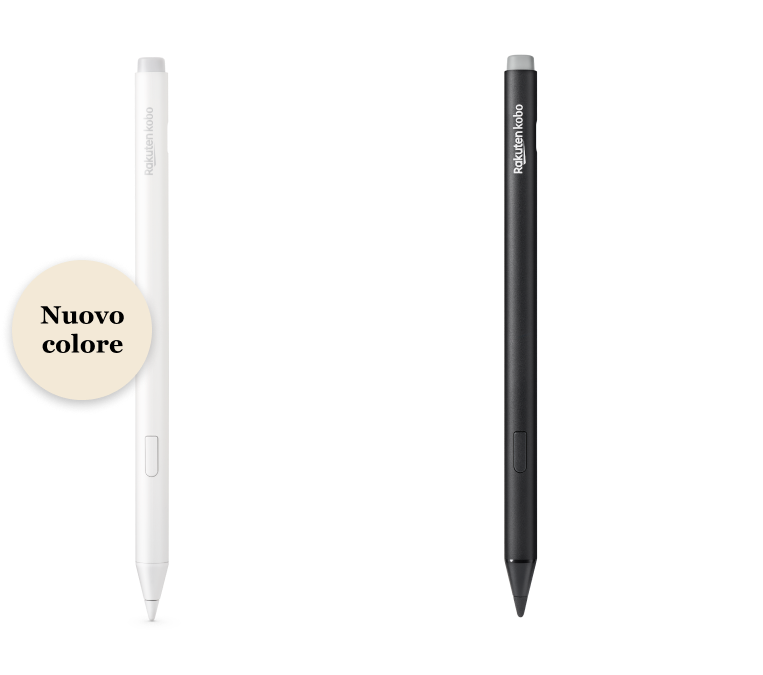 Un'immagine della versione nera e della nuova versione bianca di Kobo Stylus 2, che mostra la gomma integrata, il pulsante evidenziatore e la punta di scrittura levigata.