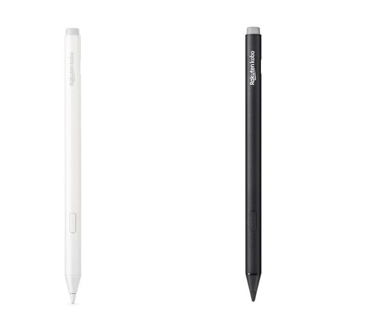 Un'immagine della versione nera e della nuova versione bianca di Kobo Stylus 2, che mostra la gomma integrata, il pulsante evidenziatore e la punta di scrittura levigata.